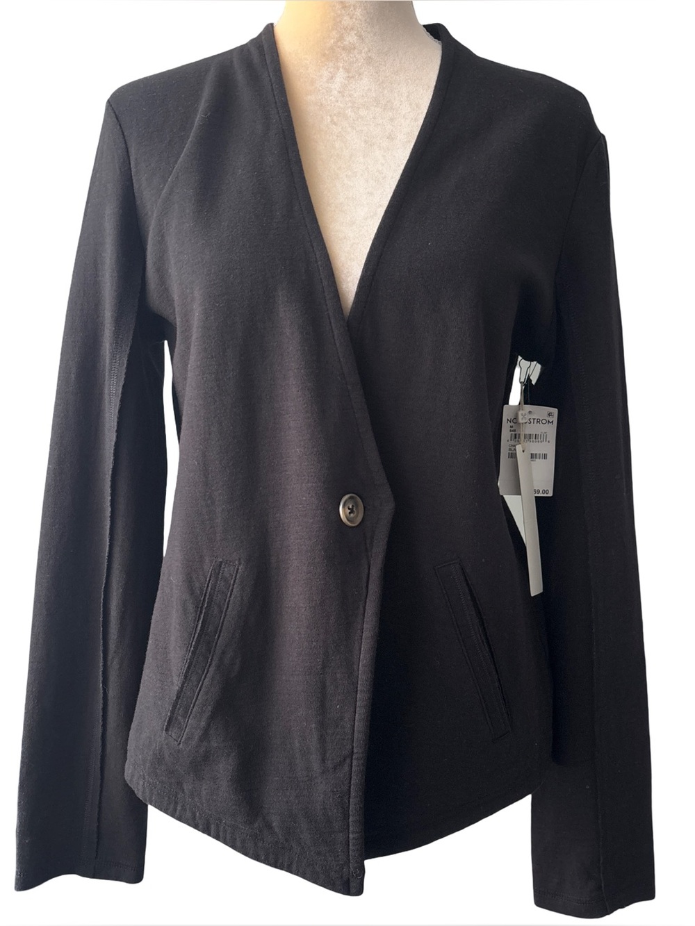 Caslon Womens Blazer Jacket Gray Black Striped Single Button Stretch Knit Medium